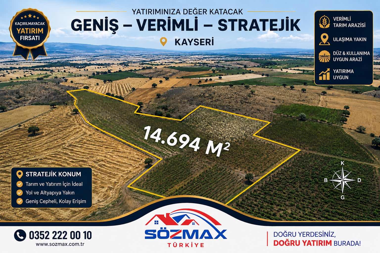 Talas Çömlekçide Tek Tapu 14.694 m² Satılık Tarım Arazisi - Resim 3