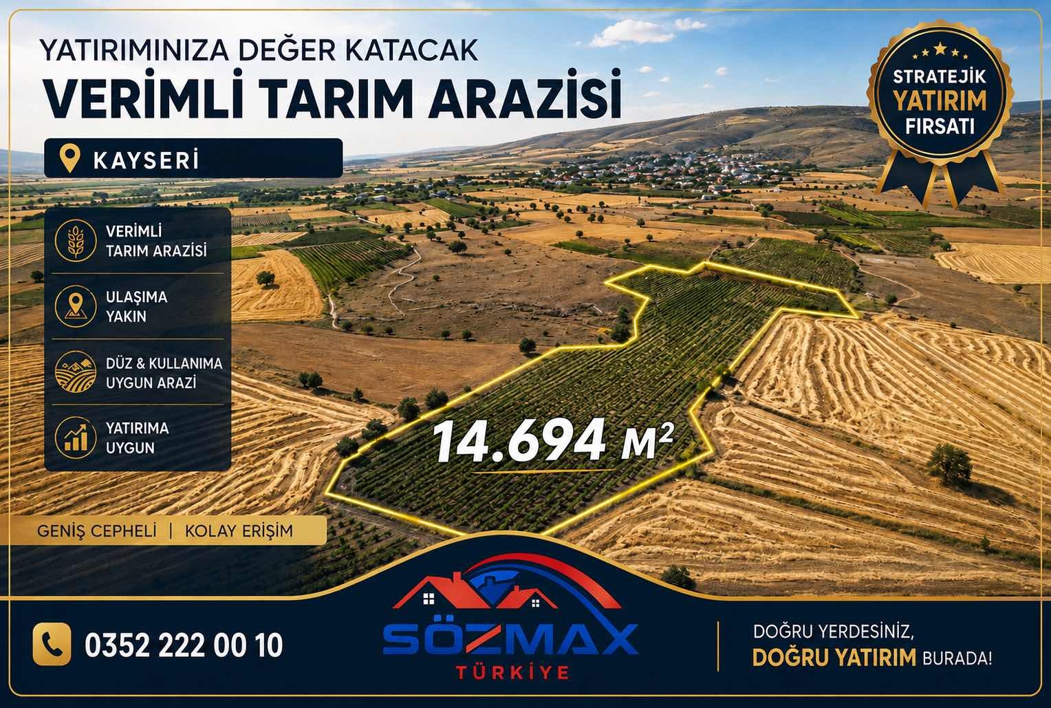 Talas Çömlekçide Tek Tapu 14.694 m² Satılık Tarım Arazisi - Resim 4