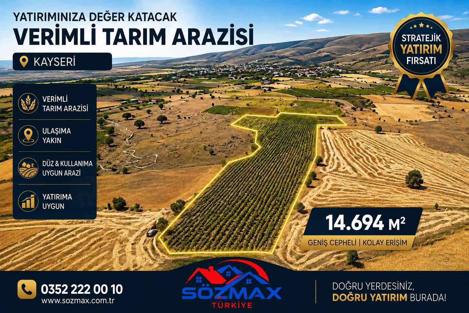 Talas Çömlekçide Tek Tapu 14.694 m² Satılık Tarım Arazisi