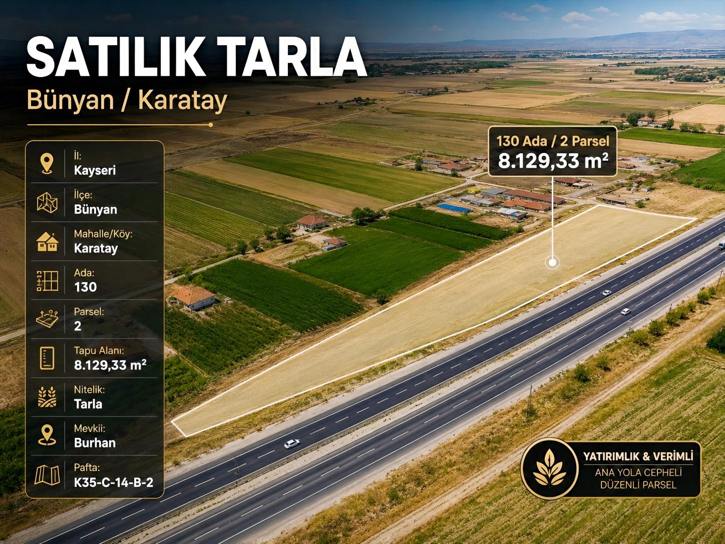 Bünyan Karatayda Kayseri Malatya Yoluna Sıfır 8.129 m² Son Fiyat - Resim 3