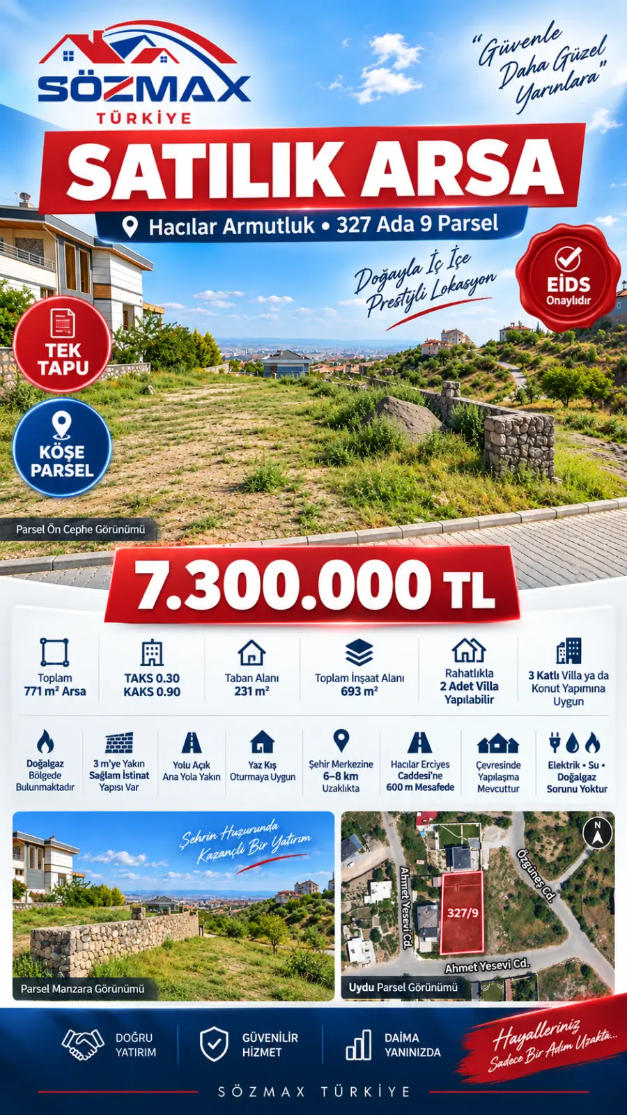 Hacılar Armutluk’ta 771 m² Köşe Villa Parseli | 0.30 TAKS 0.90 KAKS | - Resim 3